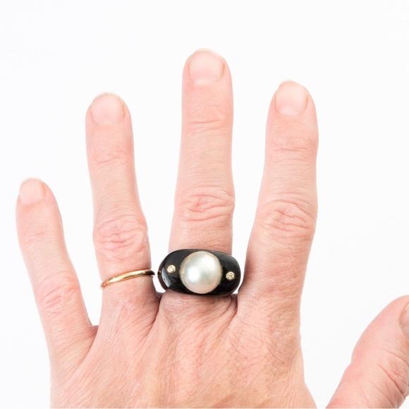 Pearl ring black agate 14K gold diamond accents chunky statement ring luxury 8 - Picture 8 of 16